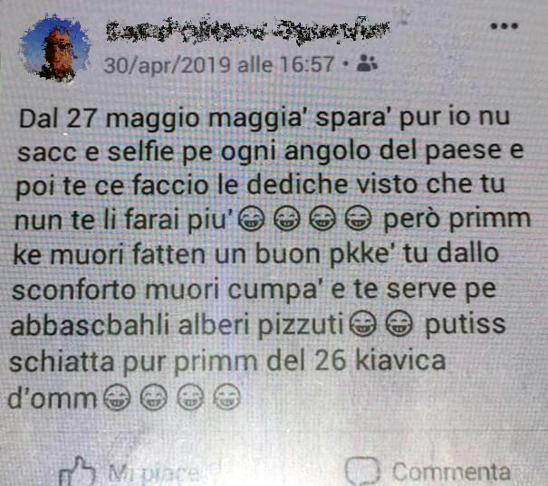 Il messaggio Facebook indirizzato a Domenico Alfieri 