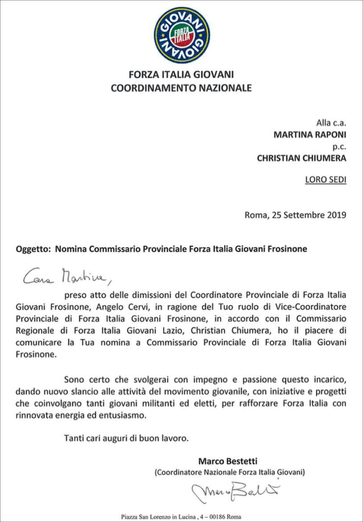 lettera nomina forza italia martina raponi