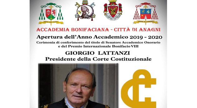 attualità cultura evento Anagni Frosinone Ciociaria Accademia Bonifaciana ONLUS apertura del nuovo Anno Accademico Premio Bonifacio VIII cerimonia conferimento del titolo di Senatore Accademico Onorario Giorgio Lattanzi Corte Costituzionale Lectio Magistralis “L’attualità della Costituzione” Palazzo Civico “J. da Iseo” Sante De Angelis Enrico dal Covolo Josè Saraiva Martins Daniele Natalia sociale Papa Bonifacio VIII Schiaffo di Anagni San Giovanni Paolo II LBE – La Bonifaciana Edizioni Volontariato Diritti Umani Pace nel Mondo