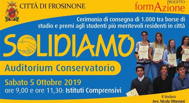 attualità scuola istruzione Frosinone Ciociaria studio studenti alunni progetto “Solidiamo – FormAzione” scuole medie auditorium Paris del Conservatorio di Frosinone cerimonia consegna di borse di studio e premi Nicola Ottaviani Amministrazione comunale Istituti Comprensivi ciclo formativo