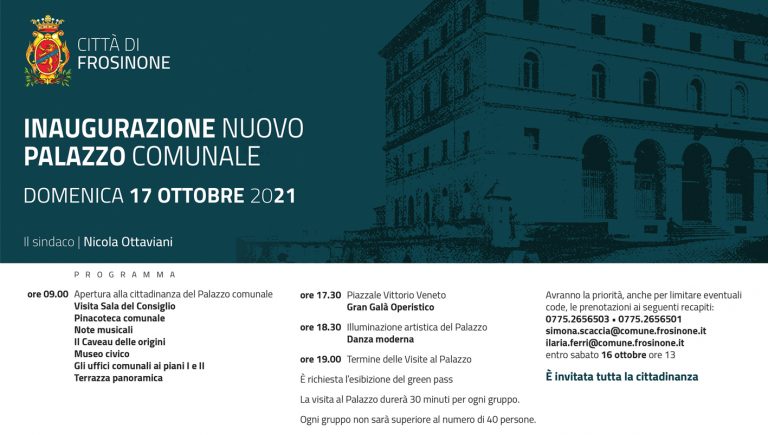 Frosinone, domenica l’apertura del nuovo Palazzo comunale
