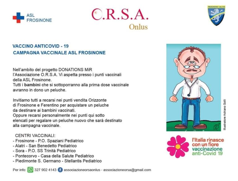 Covid, continua la campagna vaccinale dell’Asl di Frosinone: peluche in regalo per i bambini che si sottoporranno alla prima dose