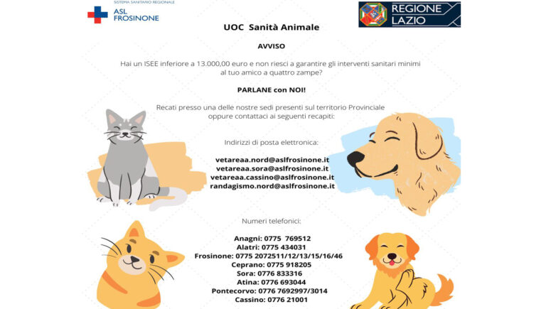 Asl di Frosinone – Veterinaria Sociale: trattamenti sanitari gratuiti per cani e gatti