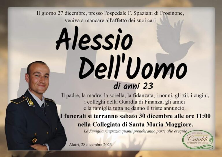 Alatri, Alessio Dell’Uomo: fissati i funerali. Il ministro Giorgetti ricorda il giovanissimo finanziere