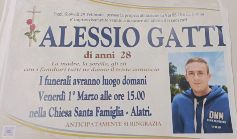 Alatri, il giovane Alessio Gatti muore in casa ucciso da un malore. Aveva solo 28 anni. Dolore e sgomento in città