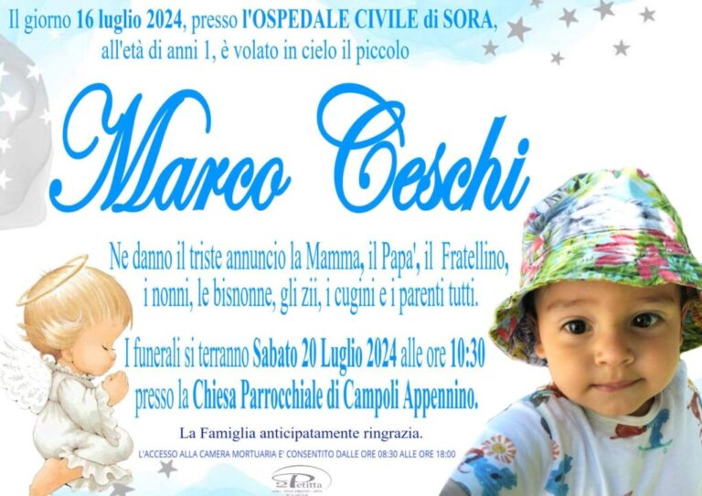 Bimbo morto a soli 16 mesi: oggi è il giorno del dolore e dell’ultimo saluto a Marco Ceschi, il piccolo dagli occhioni dolci