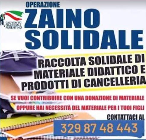 Ferentino, torna “Zaino solidale” di Gioventù Nazionale. Angelisanti: “Vicini a chi ha più bisogno di aiuto”