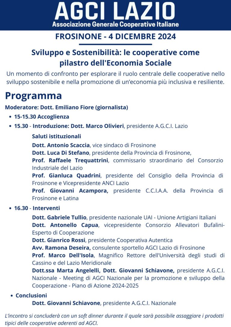 Cooperazione A Frosinone il 4 dicembre “Sviluppo e Sostenibilità: le cooperative come pilastro dell’Economia Sociale”
