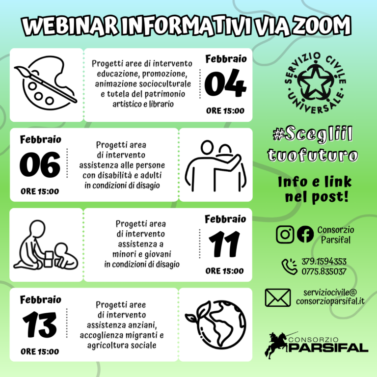 Scopri il Servizio civile con il Consorzio Parsifal: quattro webinar via Zoom per conoscere tutti i progetti in partenza