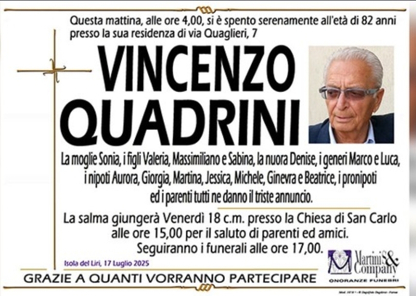 vincenzo quadrini sindaco isola del liri funerali