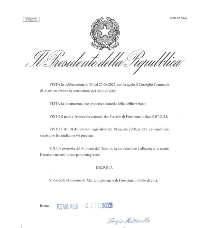 Alatri è ufficialmente Città: il presidente Mattarella ha firmato il decreto
